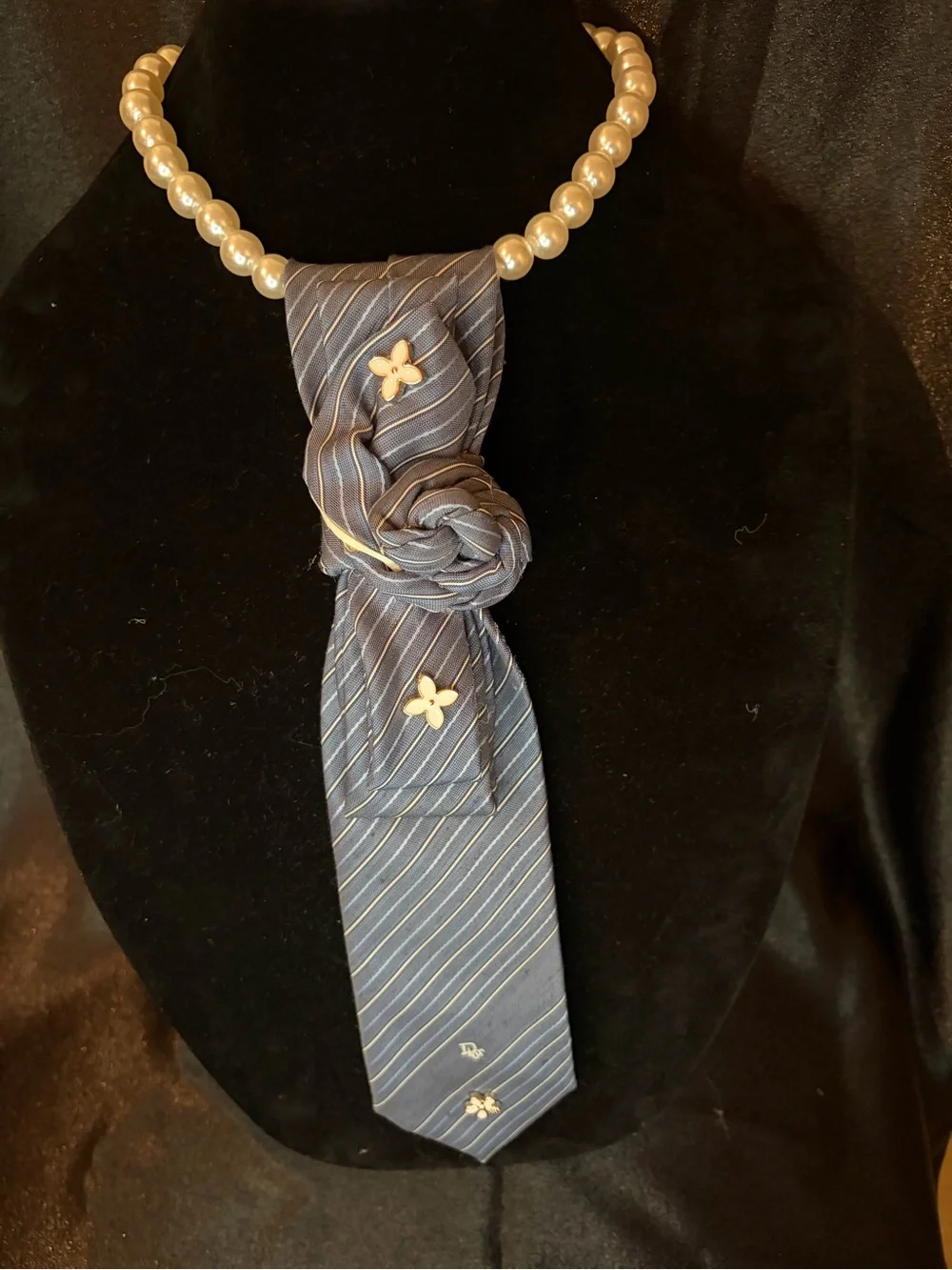 Dior Navy Blue Striped Silk Scarf with Pearl Accent